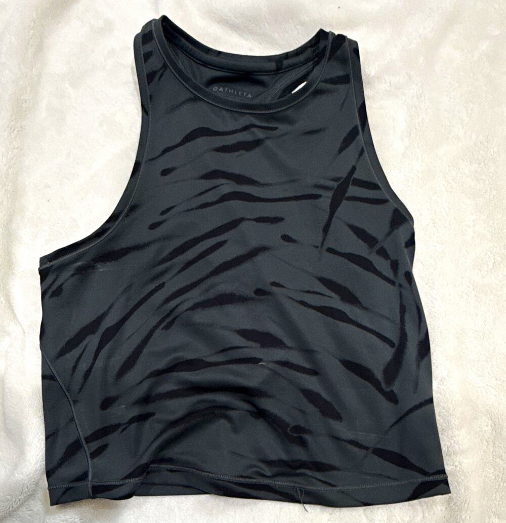Athleta Women's XS Cropped Racerback Tank Animal Print Stretch Yoga Black Gray